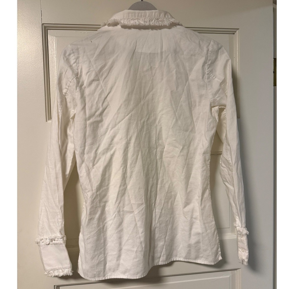 Même Chose White Cotton Ruffle Frayed Trim Button Down Shirt Size 1 S - Picture 2 of 8